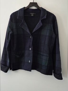 TAHARI Navy & Green Plaid Button Blazer